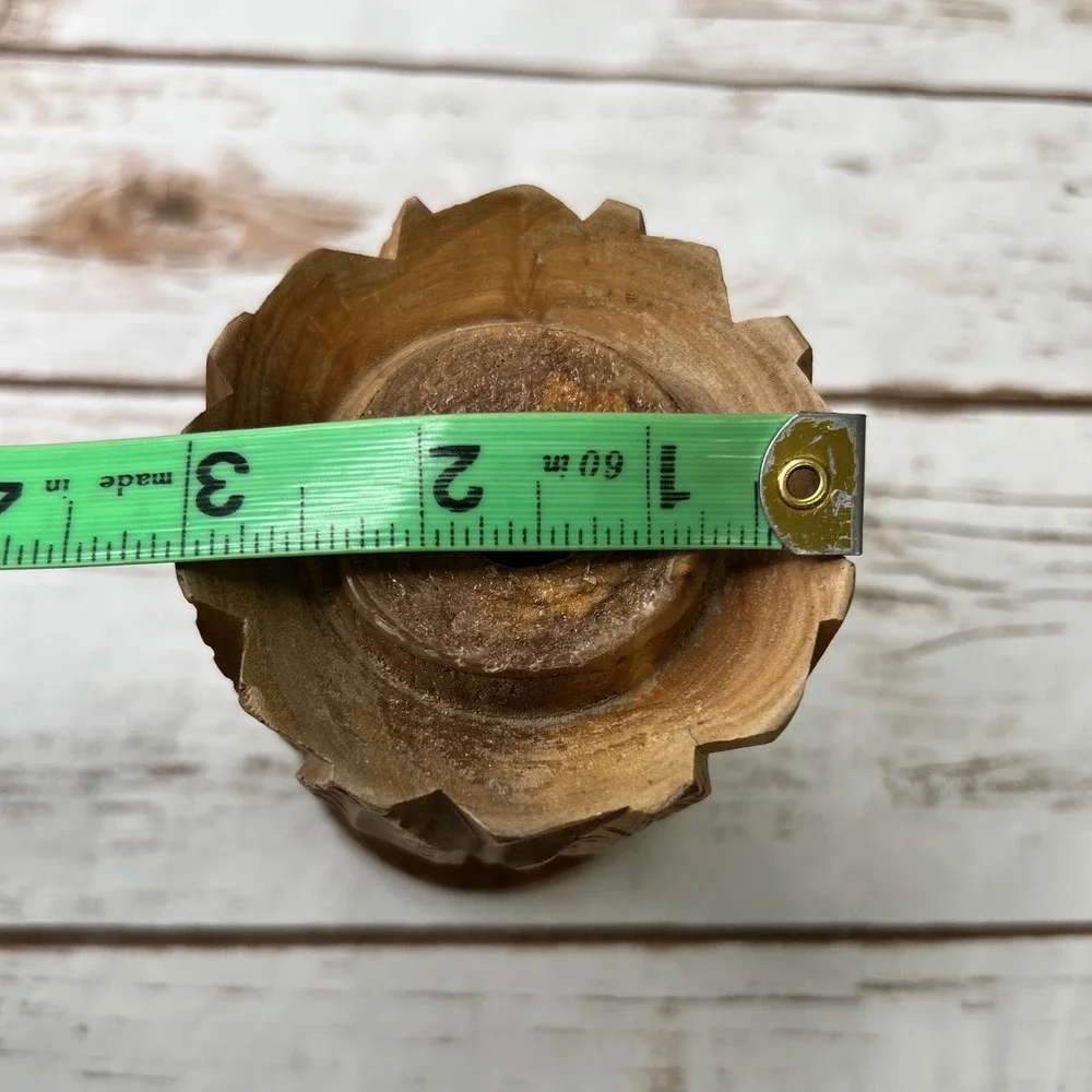 Boho Wood Candlestick Holder Brown Hand Carved Leaf Motif 6in
